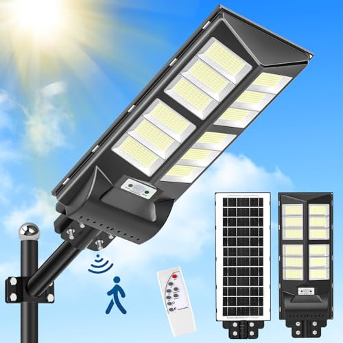 Hondony 600W Solaire Exterieur Lampadaire avec Télécommande, 6500K Crépuscule à l'Aube Étanchéité IP65 Projecteur Solaire Exterieur Pour Rue Garage Éclairage Public