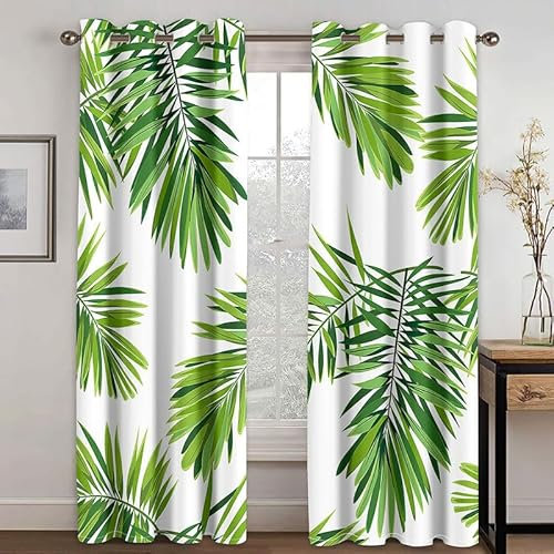 Rptidmv Vorhänge mit Ösen 2er Set Monstera-Blätter Modern Blickdichte Vorhang Thermovorhang Kälteschutz Verdunklungsvorhänge für Wohnzimmer Schlafzimmer Kinderzimmer 140 x 175 cm (BxH)