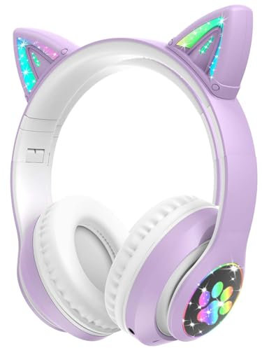 Woukksy Casque Bluetooth pour Enfants, Pliable Casque Audio Enfant Bluetooth à LED avec Oreilles de Chat, Enfant Casque sans Fil avec Limite de Volume de 85 DB, Cadeau d'anniversaire Idéal -Violet
