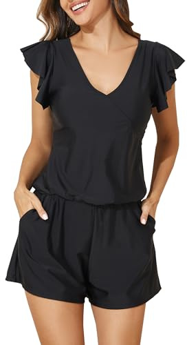 Smismivo Swim Romper with Built in Bra and Pockets Swim Dress for Women Swimwear Modest One Piece Swimsuit with Shorts Ruffle Sleeve Full Coverage Bathing Suit Swimming Suits 2025 (Black)