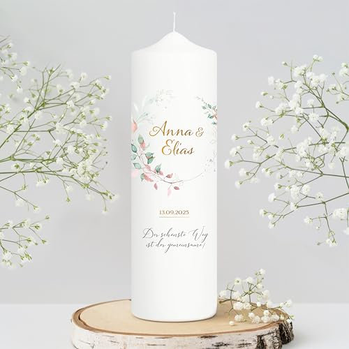 Wandtattoo Loft Hochzeitskerze personalisiert mit Namen und Datum, Motiv mit Kranz aus altrosa und grünen Blättern, 25cm x 7cm, personalisierte Traukerze, Hochzeit Kerze selbst gestalten