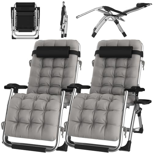 ONKBOITE Set di 2 Sedia a Sdraio Pieghevole da Giardino, Nessuna Installazione, con Supporto per Bevande, Sdraio Relax con Cuscino, Traspirante, per Patio, Giardino, Sedie da Campeggio (Grigio, 72cm)