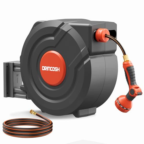 DRINCOSH Retractable Garden Hose Reel 1/2 Inch x 130 ft with Metal Bracket, Heavy Duty, Any Length Lock, Automatic Rewind, Wall Mounted, and 180 Deg Swivel Bracket