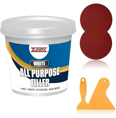 Multipurpose All-Purpose Ready Mixed Filler White 500g Tub with 2 Spreaders and 2 Sandpapers – 5pcs Filler Set – Ideal for Interior Exterior Repairs on Walls, Ceilings etc (Improved Robust Packaging)