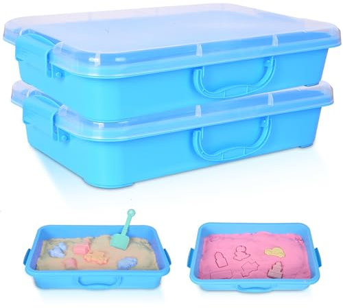 2 Pezzi Sabbiera Sandbox, Contenitori Sensoriali con Coperchio e Manico, 34×25×7,5 cm, Portatili Vassoi in Plastica per Sabbia, Acqua, Perline e Giochi, per Attività Sensoriali da Interno ed Esterno