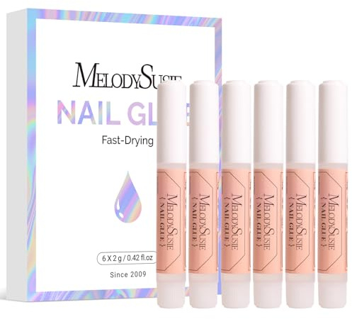 Melodysusie Nail Glue for Acrylic Nails Press on Nails Super Strong and Long Lasting Nail Glue for Adhesive Bond False Nails with Easy Application, 0.07oz 6pcs