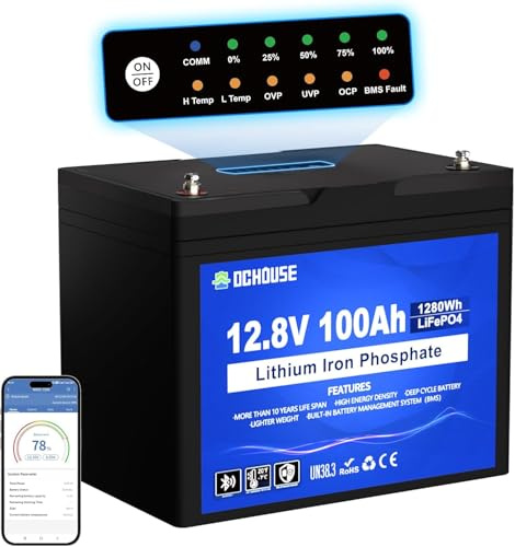 DCHOUSE Bluetooth LiFePO4 100AH 12V batería de litio con pantalla LED, protección de baja temperatura, 100A BMS, Deep Cycles batería para trolling motor, autocaravana, caravana, panel solar