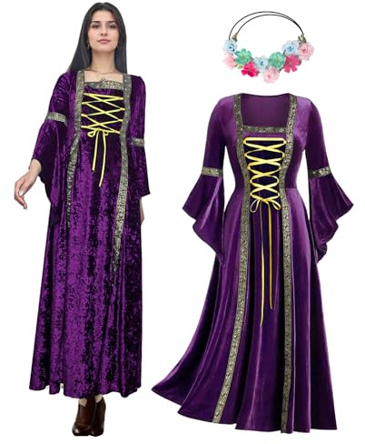 OPAEHJF Rinascimento donne abiti in velluto, medievale gotico retrò abito Halloween irlandese vintage vittoriano faire costumi cosplay party (viola, S)