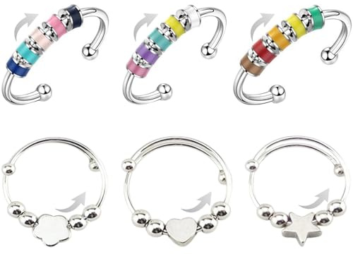 Anillo fidget antiestrés que alivia la ansiedad - Anillos de perlas con función giratoria para mujeres, anillo de humor calmante para niñas, anillos de alivio ajustables de estrellas-nubes-corazón