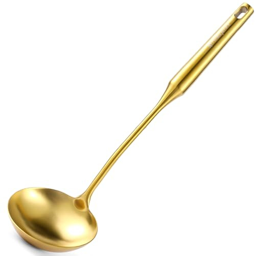 Louche à soupe dorée en acier inoxydable 18/10, grandes cuillères à soupe de 35,1 cm avec poignée ronde ergonomique sous vide, louche de cuisine en métal durable pour cuisiner, servir, remuer, sauce
