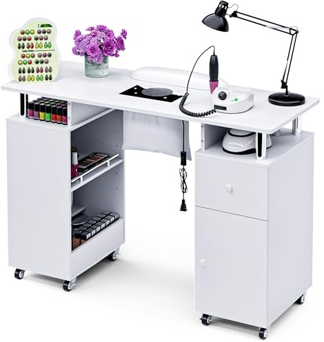 HolaiNail Manicure Table Nail Desk with Dust Collector & Wheels (White)