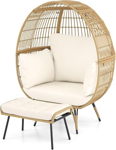 GYMAX Eierstuhl Rattan mit Fußstütze, runder Gartensessel mit abnehmbares Kissen & Metallrahmen für Garten, Rattanstuhl für Terrasse, Garten, Belastbar bis 180 kg