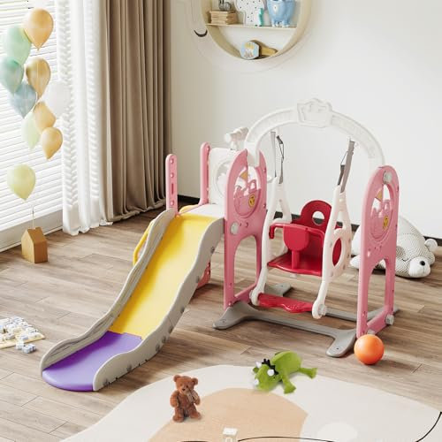 QMTXBYJ Kinder Rutsche, Kinderrutsche 6 in 1 mit Basketballkorb,Klettern, Teleskop,Schaukel, Freistehende Rutschen, Indoor Kunststoffrutschen Set,Montessori Spielplatz für drinnen und drauße