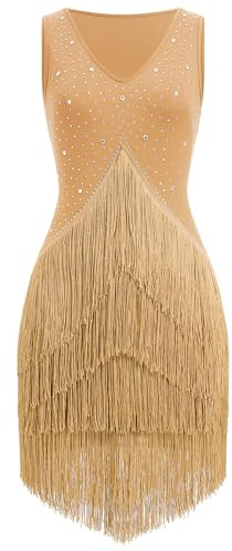 EFOGEP Damen Fransenkleid Tanzkleid Salsa Bachata mit Strass | Mehrlagige Fransen im Vintage-Stil mit eleganter Optik für Salsa, Bachata, Shows und festliche Anlässe