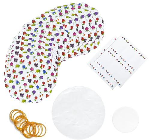 Jam Pot Covers (1lb) with Elastic Rubber Bands & Labels | Complete Sealing Pack for Preserving Jams | Jar Covers for Jams, Chutneys & Jellies