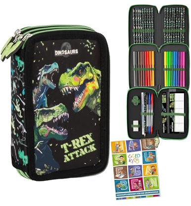 Goldkids - Federmäppchen 3 Fächer - Mäppchen für Mädchen und Jungen - Federmappe 3-Fach Federtasche Gefüllte Schüleretui Schulmäppchen und Hausaufgabenheft - Dinosaurier Motiv