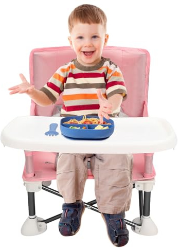 Esszimmerstuhl Faltbarer Baby Campingstuhl, Sitzerhöhung Tragbar Kinderhochstuhl, Babystuhl mit Verstellbaren Riemen und Abnehmbarem Tablett, zum Essen, Camping, Strand, Rasen (Rosa)