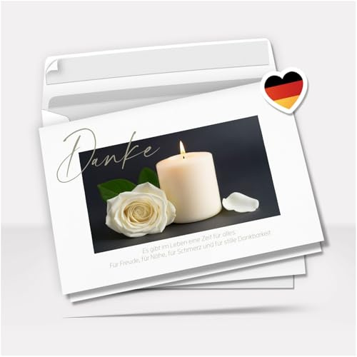 Danksagung Trauer mit Text | 10 Danke Klappkarten mit Umschlag | Weise Rose Kerze Blüte | Dankeskarten | Trauerkarten Danksagungskarten A6 Faltkarte | Doppelkarte