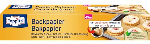 Toppits bakpapper – 1 x 45 m rulle, non-stick, med rivsåg, halkfri, FSC-certifierad, perfekt för ugn, luftfryer och ångkokare