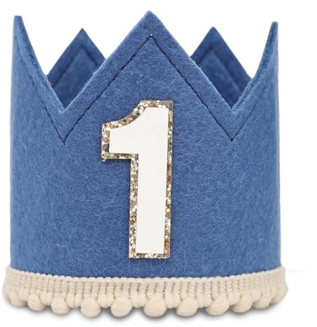 Geburtstagskrone Junge, Kindergeburtstag Deko, Dunkelblaue Filz Krone Geburtstag mit Gold Akzent für Baby Fotoshooting, Elegante Kinder Geburtstag Deko mit Weissen Bommel für Jungen, Mädchen
