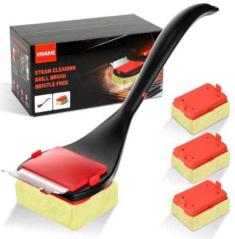 Bristle Free Grill Brush with Scraper, 4 Replaceable Cleaning Head BBQ Grill Cleaning Brush, Dishwasher-Safe Grill Cleaner Tool for Gas,Charcoal,Ceramic,Cast Iron & Stainless-Steel Grates