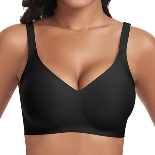 Cavotor Women Seamless Bra Non Wired Push Up Support Bras for Saggy Breasts Wireless T Shirt Soft Comfort Ladies V Neck Padded Bralettes with Extender