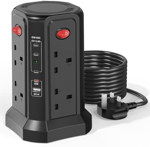 HAFINO Tower Extension Lead 3M with PD 65W USB C Fast Charger and USB Slots | 8 Way Surge Protected Extension Lead Tower with Individual Switches, Extension Cable for Home, Office, Black