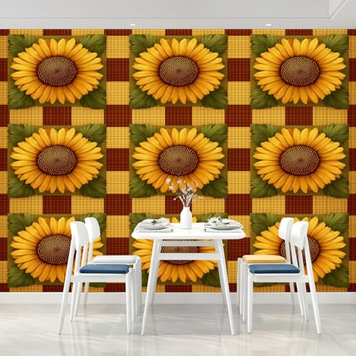 Generisch Vintage Sonnenblume Gelb Tapete Vliestapetenkleister 500x280cm (B x H) Wandtapete Tapeten Vliestapete Möbelfolie Geometrie Streifen-Karomuster Tapete für Schlafzimmer Schränke Küchentapete