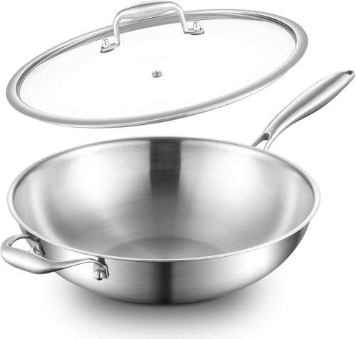 DELARLOCHEF Padella wok a induzione 28 cm: 3 strati in acciaio inox wok con coperchio, riscaldamento efficiente, non rivestita, priva di PFOA, PTFE e PFAS