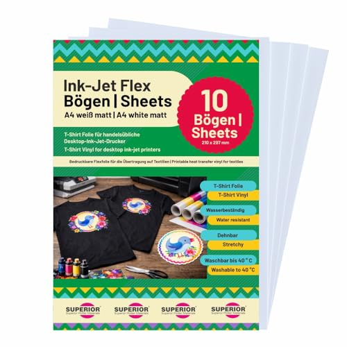 SUPERIOR Ink-Jet-Flexfolie A4 (10 Blatt) – weiß matte Bügelfolie zum Bedrucken | Transferfolie für helle & dunkle Textilien | T-Shirt Transferpapier Inkjet