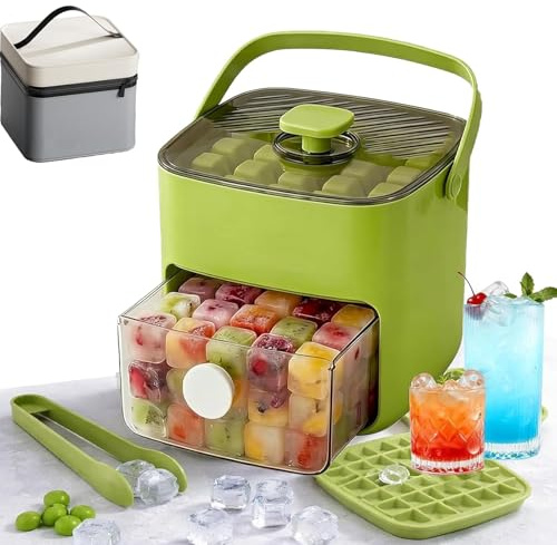 Máquina para hacer 48 cubitos de hielo con bolsa de transporte y pinzas para hielo, caja portátil para moldear, bandeja de doble capa y contenedor/tapa de fácil presión, para acampar, RV, fiest green