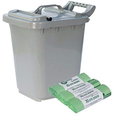 Kerbside Compost Caddy/Plastic Kerbside Bin with Locking Lid - Silver Grey - for Food Waste Recycling (23 Litre) - 23L & 30 x 30L Compostable Bags with Composting Silver