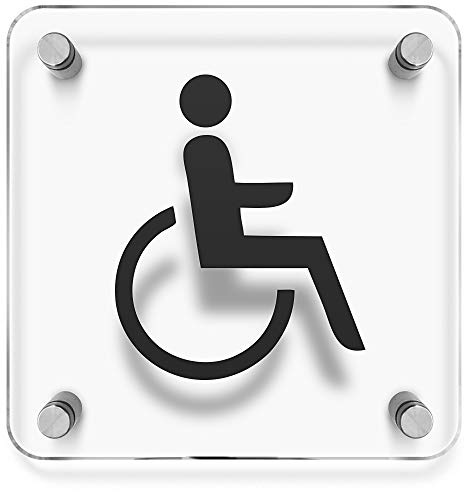 Türschilder24 Wandschild/Türschild • Behindertengerecht - Rollstuhl • 150 x 150mm. Schild besteht aus hochtransparentem 3mm Acrylglas. Inkl. 4 x Abstandshalter aus V2A Edelstahl