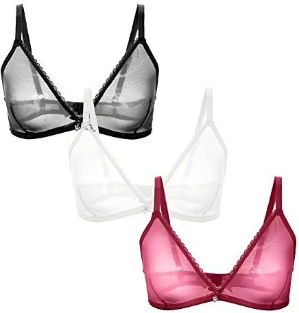 varsmiss Women Sheer Mesh Transparent Unlined Bra Sexy Wireless Underwear(VD308TS-Wine Red+Black+White-M