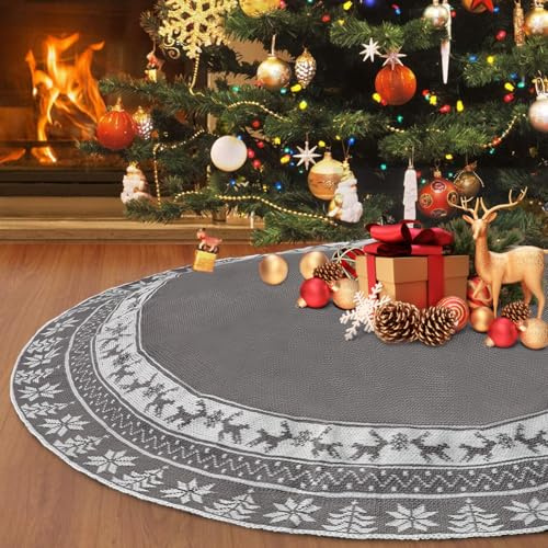 Weldomcor Weihnachtsbaum Decke 122cm Weihnachtsbaumdecke Rund Elch Schneeflocken Weihnachtsbaum Rock Große Gestrickter Christbaumdecke Weihnachtsdeko für Christbaumschmuck, Grau