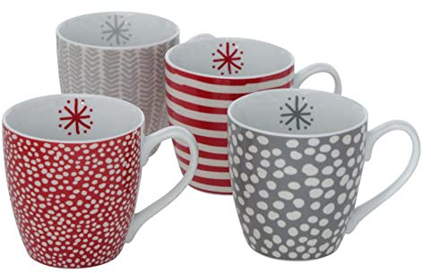 4 Porzellan Tassen zu Weihnachten Henkelbecher gemustert rot weiß grau gestreift gepunktet sortiert H10cm D10cm 480ml