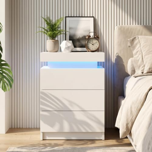 TUKAILAI Nachttisch mit LED Beleuchtung Hochglanz Weiß, mit 3 Schubladen | Nachttisch 45x35x67,5 cm Aufklappbar Nachtschrank mit Fernbedienung RGB 7 Farben, Modern Nachtkommode für Schlafzimmer