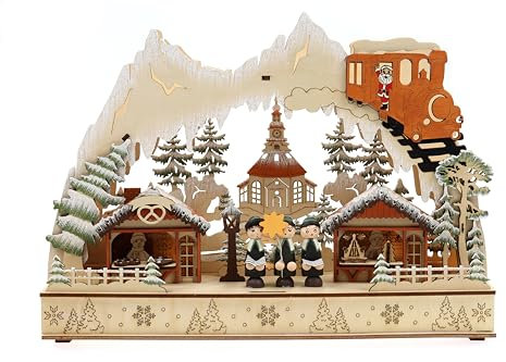 ELLUG 3D Schwibbogen Lichterbogen Holzschnitt Winterdorf und Sternensänger aus Holz zum Stellen mit Licht 29,5 * 8,5 * 22cm batteriebetrieben mit On-Off Schalter, Timer Funktion (6h On/18h Off)