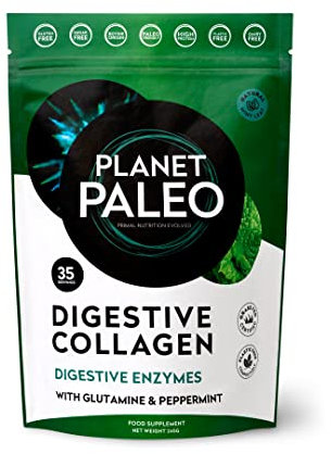Planet Paleo Digestive Collagen Powder for Gut Health (245g, 35 Servings) Grass-Fed Bovine Collagen Peptides, with Liquorice, L-glutamine and Probiotics, Supports Digestion & Nutrient Absorption, Mint