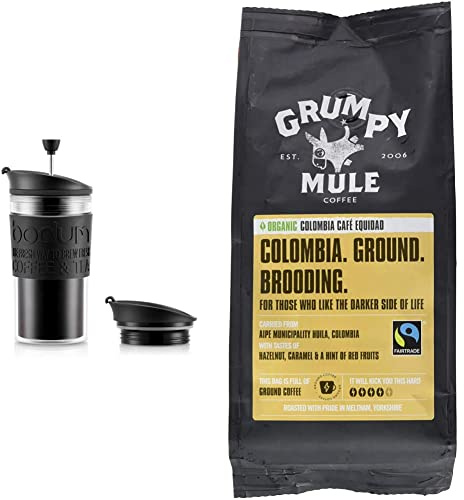 BODUM K11102-01 Travel Press Set Coffee Maker with Extra Lid, Black & Grumpy Mule Organic Colombia Café Equidad Ground Coffee with tastes of Hazelnut, Caramel & a hint of Red Fruits 227 g
