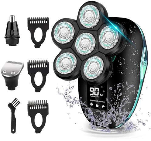 Sakioo Rasoir de tête, rasoir électrique 6 en 1 pour homme chauve, rasoir rotatif sans fil étanche IPX7 avec écran LED, rasoir de tête avec tondeuse pour poils de nez, pattes