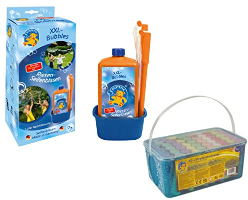 PUSTEFIX Sticks XXL Bubbles + MALEFIX Straßenmalkreide 50er I Stäbe mit Schnur für XXL Seifenblasen + eine Box leuchtender Straßenkreide Farben