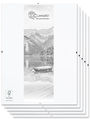 CLAMARO 'N°1' Rahmenloser Bilderrahmen Cliprahmen 5 Stk. 14,8x21 cm (DIN A5) | Moderner Bildhalter für stilvolle Gallerie Präsentationen mit weiß laminierter MDF-Holz Rückwand und Acrylglasscheibe