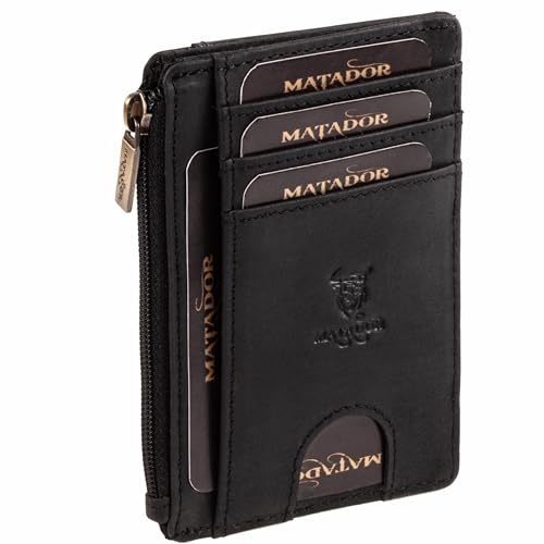MATADOR Ultra Slim Wallet Montreal mit großem Reißverschlussfach- Dünnes Flaches Leder Portemonnaie für Damen & Herren – mit RFID-Schutz – Kreditkartenetui - inkl. Geschenk-Box -Schwarz