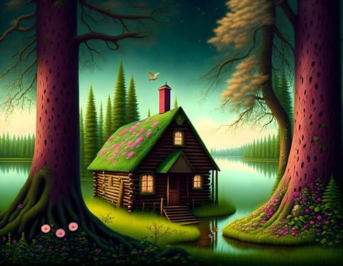 AgaaTi Dipinto Su Tela Stampe Artistiche Flowercity Laghi boschi alberi capanna per l'arredamento del soggiorno 60x90cm