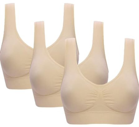 PBE 3 Pack Padded Comfort Bra Women Girls Crop Top Seamless Bralette Sleep Yoga Stretch Vest Wire Free - 3 Pack Nude - Large
