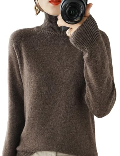 DSXH Maglione da Donna in Maglia a Collo Alto Tinta Unita Invernale in Cashmere a Coste in Lana Calda a Maniche Lunghe (Colore: Nero Marrone, Size: L)