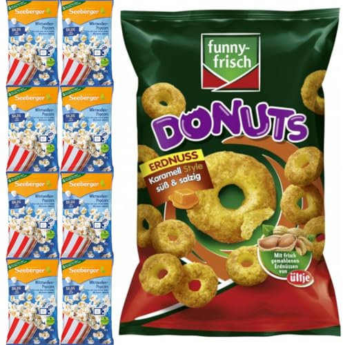 Mit Pufai Grocery, Mikrowellen Popcorn salzig 90 Gramm x 8er + Funny-frisch Donuts Erdnuss Karamell Style süß & salzig Chips Cracker 110 gramm
