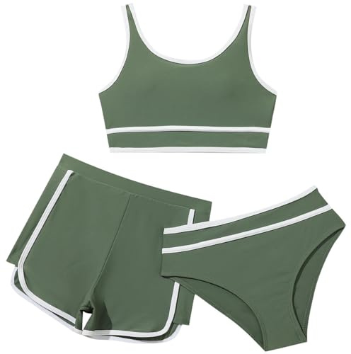 3 Stück Mädchen Bikini Sets Schwimmanzug Kinder Einfarbiges Strand Bademode Bikini Oberteil mit Triangel Bikinihose Und Kurz Shorts Teenager Badeanzüge mit Verstellbare Schultergurte 9-14 Jahre