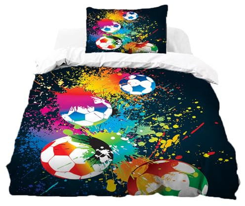 goodbath Single Duvet Cover Sets, Football Bedding Set 1 Pillowcase | 3D soccer Soft Brushed Microfiber Bed Duvet Cover 3 Pieces for Boys Girls Kids,Black